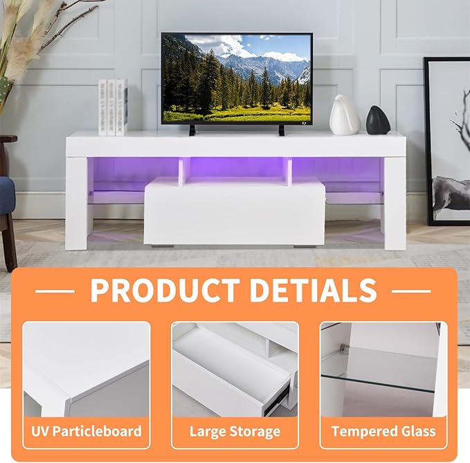 LED TV Stand for Televisions up to 55 inches, Entertainment Center and Media Console with Storage Drawers and Glass Shelves for Living Room, Bedroom - LeafyLoom