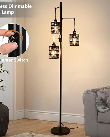 Rattan Floor Lamp, 3-Lights Boho Floor Lamp with Stepless Dimmer, 65" Farmhouse Rustic Floor Lamps for Living Room, Tall Floor Lamp with Rattan Shades, Dimmable Standing Lamp for Bedroom Black - LeafyLoom