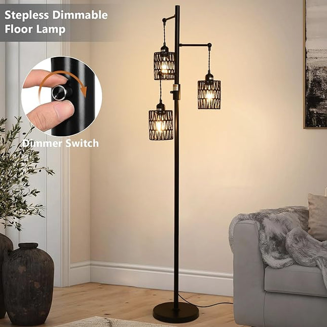 Rattan Floor Lamp, 3-Lights Boho Floor Lamp with Stepless Dimmer, 65" Farmhouse Rustic Floor Lamps for Living Room, Tall Floor Lamp with Rattan Shades, Dimmable Standing Lamp for Bedroom Black - LeafyLoom