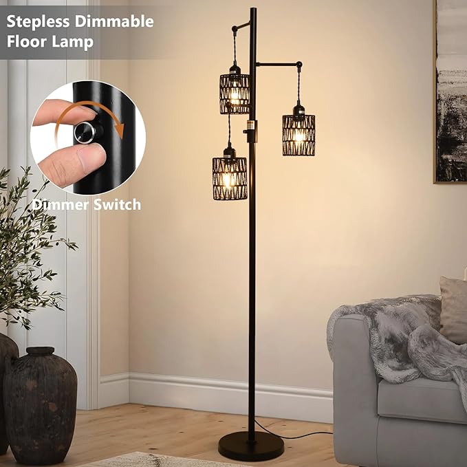 Rattan Floor Lamp, 3-Lights Boho Floor Lamp with Stepless Dimmer, 65" Farmhouse Rustic Floor Lamps for Living Room, Tall Floor Lamp with Rattan Shades, Dimmable Standing Lamp for Bedroom Black - LeafyLoom