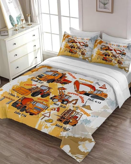Kids Construction Vehicles Truck Comforter for Boys Queen,Cartoon Car Excavator Tractor Bedding Set,Construction Christian Spirational Quotes Comforter with 2 Pillowcases Yellow - LeafyLoom