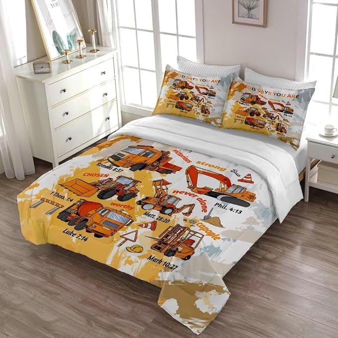 Kids Construction Vehicles Truck Comforter for Boys Queen,Cartoon Car Excavator Tractor Bedding Set,Construction Christian Spirational Quotes Comforter with 2 Pillowcases Yellow - LeafyLoom