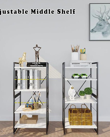 4 Tiers Bookshelf Adjustable White Faux Marble Organizer, Modern Small Bookcase for Small Space,Industrial Wooden Storage Display Rack and Storage Organizer for Living Room Home Office - LeafyLoom