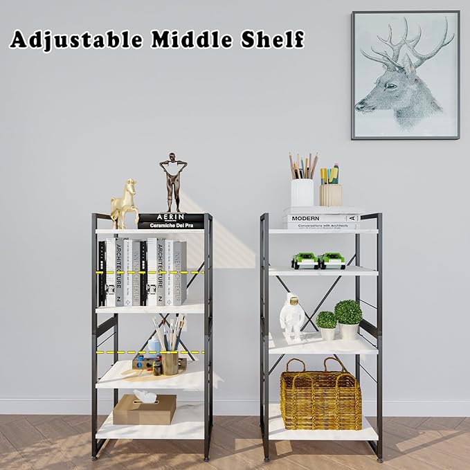4 Tiers Bookshelf Adjustable White Faux Marble Organizer, Modern Small Bookcase for Small Space,Industrial Wooden Storage Display Rack and Storage Organizer for Living Room Home Office - LeafyLoom