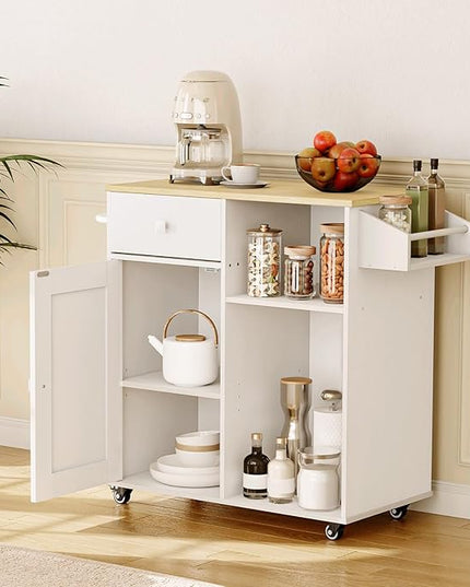 HOOBRO Kitchen Island, Storage Cabinet with Drawer, Kitchen Cart with Spice and Towel Rack, Saving Space, Easy Assembly, for Living Room, White and Natural WN12ZD01 - LeafyLoom
