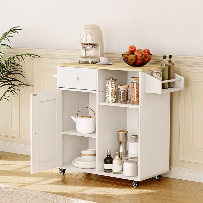 HOOBRO Kitchen Island, Storage Cabinet with Drawer, Kitchen Cart with Spice and Towel Rack, Saving Space, Easy Assembly, for Living Room, White and Natural WN12ZD01 - LeafyLoom