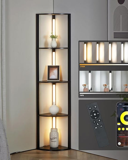 FENLO Fancy - LED Display Shelf with Dimmable Lights, LED Shelf Floor Lamps for Living Room, Sturdy Corner Shelf Curio Cabinet Display, Tall Floor Lamps with Shelves - LeafyLoom