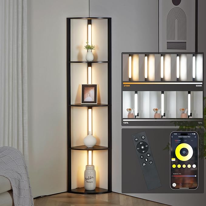 FENLO Fancy - LED Display Shelf with Dimmable Lights, LED Shelf Floor Lamps for Living Room, Sturdy Corner Shelf Curio Cabinet Display, Tall Floor Lamps with Shelves - LeafyLoom
