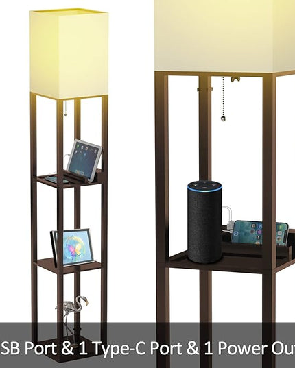 PAZZO Floor Lamp with Shelves, Shelf Floor Lamps by Solid Wood with 2 Charging Ports and 1 Power Outlet, Floor Lamps for Bedrooms, Lamps for Living Room, Brown Color - LeafyLoom