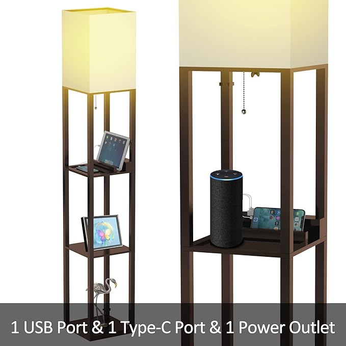 PAZZO Floor Lamp with Shelves, Shelf Floor Lamps by Solid Wood with 2 Charging Ports and 1 Power Outlet, Floor Lamps for Bedrooms, Lamps for Living Room, Brown Color - LeafyLoom
