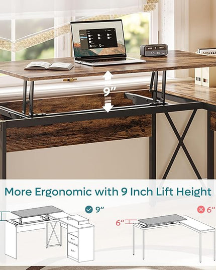 Bestier Lift Top L Shaped Desk with File Drawer, 55'' x 55'' Office Desk with Reversible Storage Drawers, L Shaped Standing Desk with Computer Monitor Stand - LeafyLoom