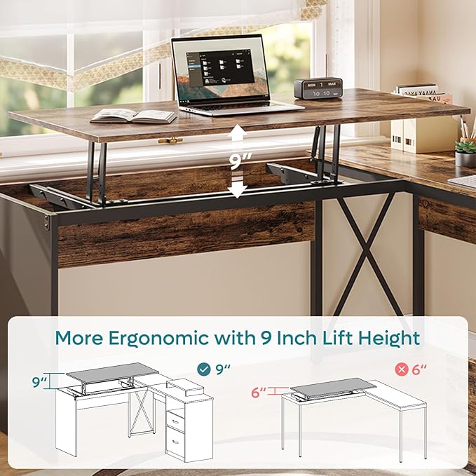 Bestier Lift Top L Shaped Desk with File Drawer, 55'' x 55'' Office Desk with Reversible Storage Drawers, L Shaped Standing Desk with Computer Monitor Stand - LeafyLoom