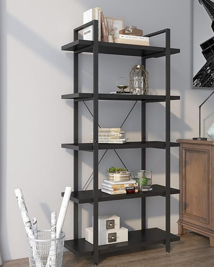 Panana 5 Tier Industrial Rustic Wooden Bookshelves, Vintage Open Wood and Metal Farmhouse Bookshelf Heavy Duty Storage Shelving Unit Rack (Black) - LeafyLoom