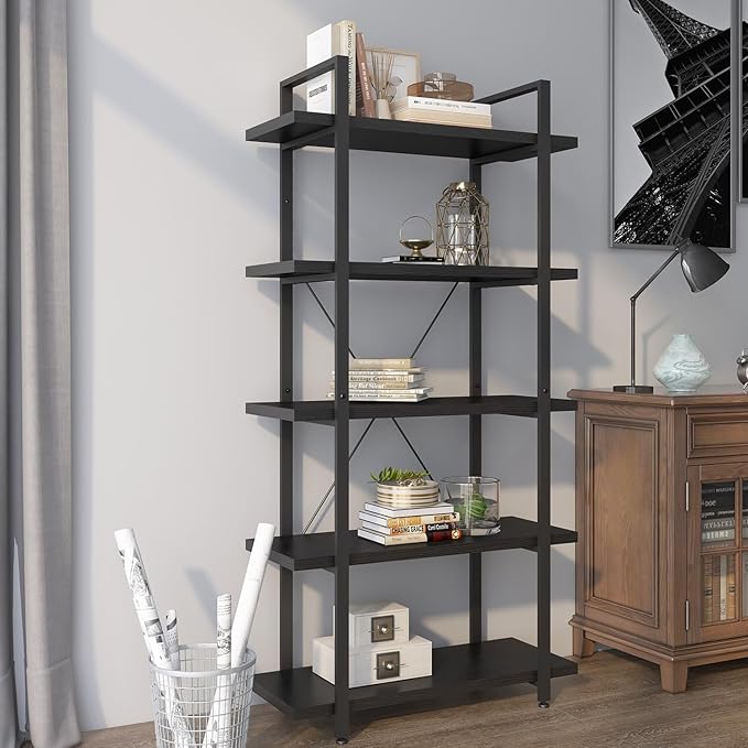 Panana 5 Tier Industrial Rustic Wooden Bookshelves, Vintage Open Wood and Metal Farmhouse Bookshelf Heavy Duty Storage Shelving Unit Rack (Black) - LeafyLoom