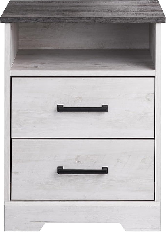 Prepac Rustic Ridge Farmhouse Nightstand with 2 Drawers and an Open Cubby, Wooden Bedside Table for Bedroom, Office, or Living Room, 16.25in x 18.75in x 24.5in, Washed White - LeafyLoom