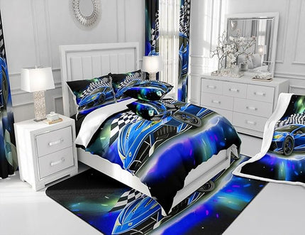 Feelyou Blue Racing Car Comforter Set Queen Size, Fast and Furious Extreme Sport Games Bedding Sets for Kids Boys Teens,Sports Car Bed in A Bag,Cool Modern Duvet Insert with 2 Pillowcases - LeafyLoom