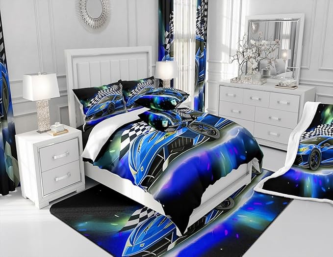 Feelyou Blue Racing Car Comforter Set Queen Size, Fast and Furious Extreme Sport Games Bedding Sets for Kids Boys Teens,Sports Car Bed in A Bag,Cool Modern Duvet Insert with 2 Pillowcases - LeafyLoom