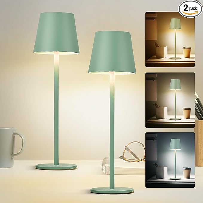 2-Pack Cordless Table Lamp，IP54 Waterproof Rechargeable Battery Desk Lamp，3 Color Stepless Dimming Up，Battery Operated Lamp for Deck/Bedside/Outdoor/Restaurant/Camping (Matcha Green) - LeafyLoom
