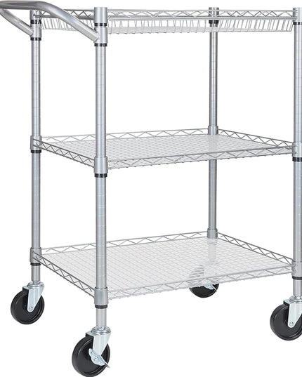 3 Tier Heavy Duty Rolling Utility Cart,18" D x 30" W x 36.6" H Rolling Carts with Wheels,Commercial Grade Metal Cart with Handle Bar & Shelf Liner,Trolley Serving Storage Cart for Kitchen Silver - LeafyLoom