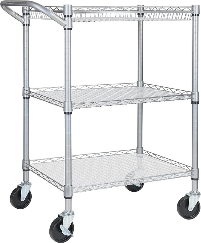 3 Tier Heavy Duty Rolling Utility Cart,18" D x 30" W x 36.6" H Rolling Carts with Wheels,Commercial Grade Metal Cart with Handle Bar & Shelf Liner,Trolley Serving Storage Cart for Kitchen Silver - LeafyLoom