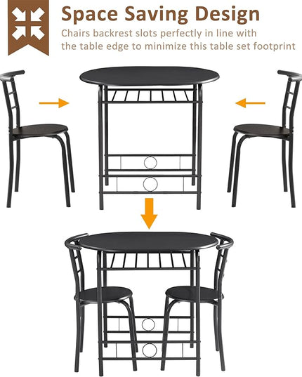 VECELO 3 Piece Small Round Dining Table Set for Kitchen Breakfast Nook, Wood Grain Tabletop with Wine Storage Rack, Save Space, 31.5", Matte Black - LeafyLoom
