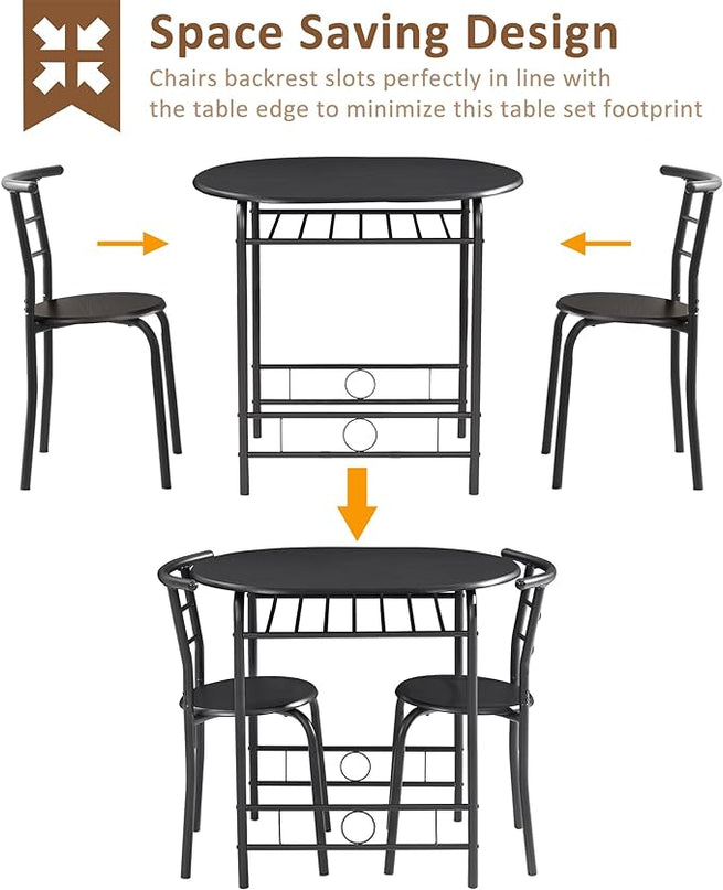 VECELO 3 Piece Small Round Dining Table Set for Kitchen Breakfast Nook, Wood Grain Tabletop with Wine Storage Rack, Save Space, 31.5", Matte Black - LeafyLoom