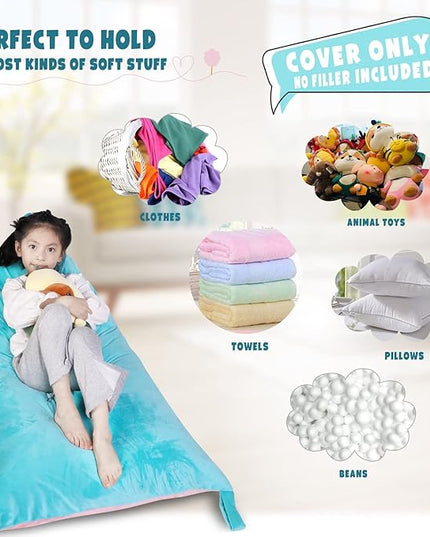 Stuffed Animal Storage Bean Bag Chair Cover, Velvet Pink Lake Blue Plush Toy Storage Stuff and Sit Seat for Kids/Teens/Adults, 52" x 31" Extra Large Triangle Floor Sofa, 200L/52Gal, Cover Only - LeafyLoom