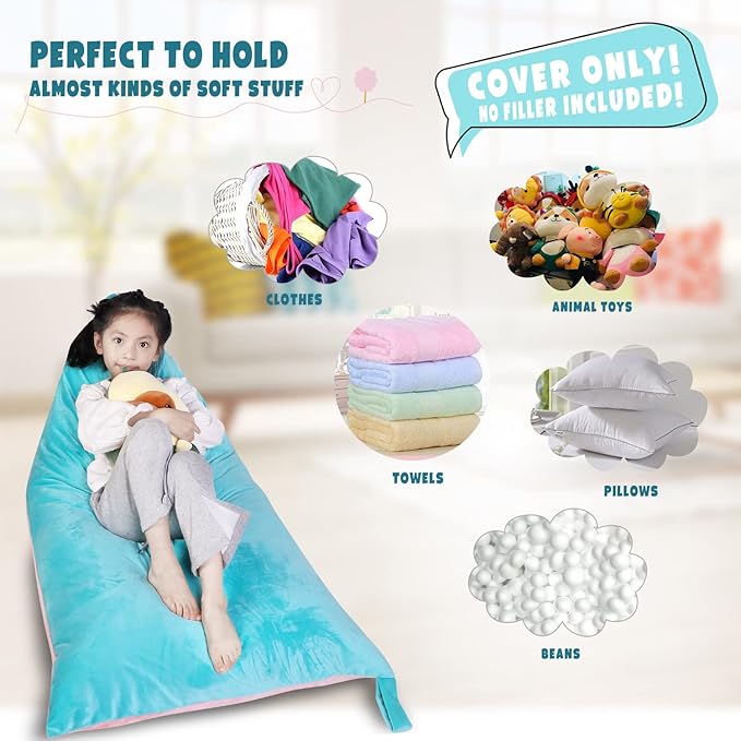 Stuffed Animal Storage Bean Bag Chair Cover, Velvet Pink Lake Blue Plush Toy Storage Stuff and Sit Seat for Kids/Teens/Adults, 52" x 31" Extra Large Triangle Floor Sofa, 200L/52Gal, Cover Only - LeafyLoom