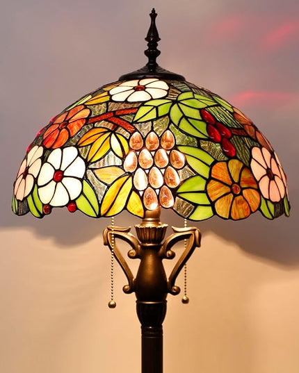 Tiffany Floor Lamp Stained Glass Standing Reading Light 16X16X66 Inch - Green Purple Grape - LeafyLoom