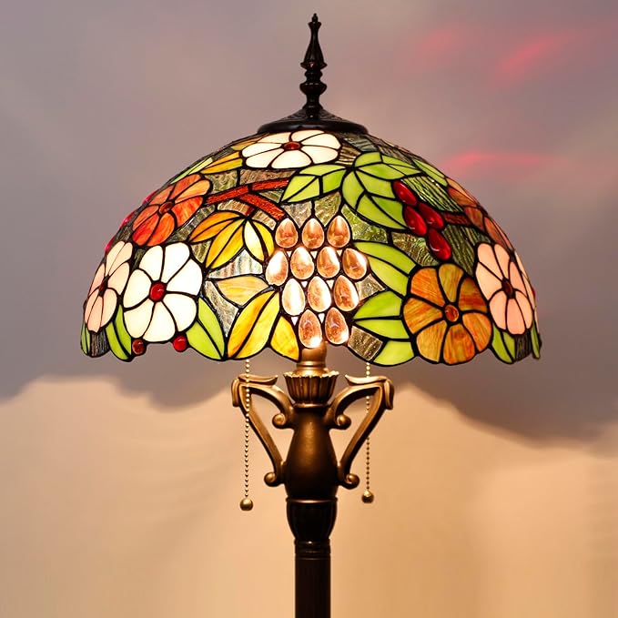 Tiffany Floor Lamp Stained Glass Standing Reading Light 16X16X66 Inch - Green Purple Grape - LeafyLoom