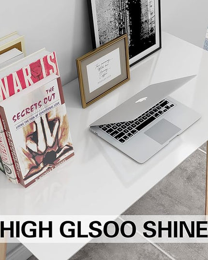 TaoHFE White Vanity Desk with Solid Rubber Wood Legs Glossy White 39 Inch Vanity Table Computer Desk for Home Small Spaces Girl Makeup Desk Modern Vanity Desk No Mirror Dressing Table for Bedroom - LeafyLoom