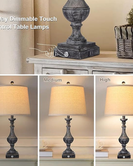 AKASUKI 27.5 Inch Drak Grey Farmhouse Table Lamps for Living Room Set of 2 with USB and Type-C Port, 3-Way Dimmable Table Lamps for Bedroom Vintage Rustic Bedside Lamps for bedrooms(Bulbs Included) - LeafyLoom