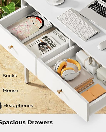 SUPERJARE 35.4" White Desk with 2 Drawers, Modern Makeup Vanity Desk with Padded Stool, Small Computer Desk Home Office Desk for Writing Study Bedroom - LeafyLoom