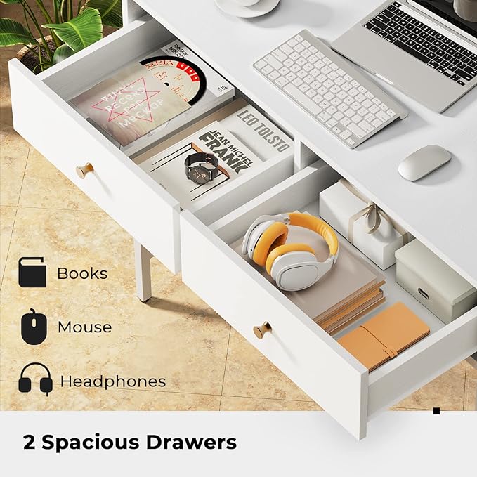 SUPERJARE 35.4" White Desk with 2 Drawers, Modern Makeup Vanity Desk with Padded Stool, Small Computer Desk Home Office Desk for Writing Study Bedroom - LeafyLoom