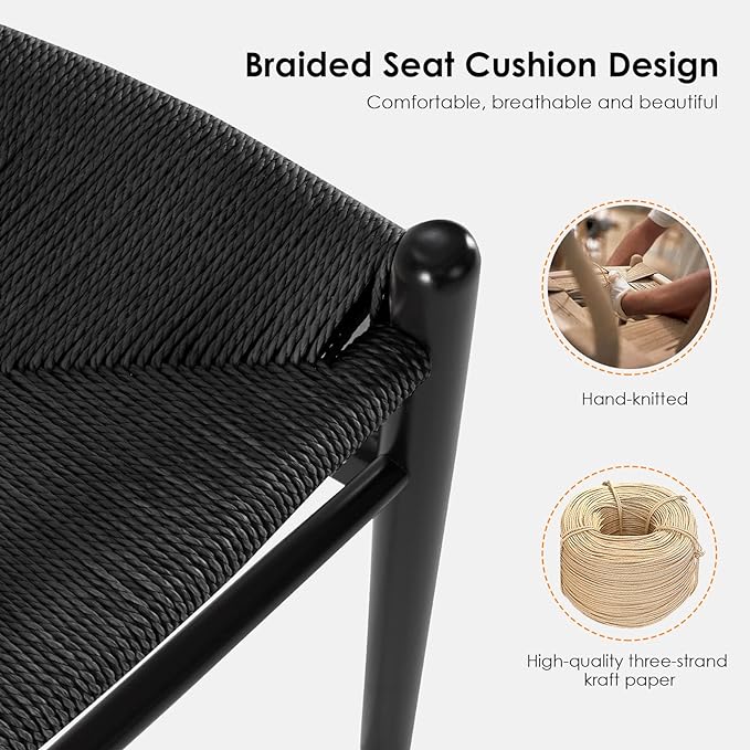 Farini Wishbone Chairs for Dining Room Solid Wood Rattan Chair Armchairs Y Shaped Backrest Hemp Seat for Home Restaurant Fully-Assembled(Set of 2,Black-Black Seat) - LeafyLoom