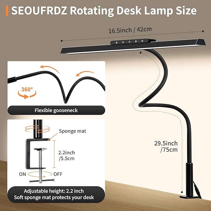 Desk Lamp, 3 Colors Stepless Dimming LED Desk Lamps for Home Office Adjustable Memory Desk Light with Clamp Touch Control Office Lamp Eye Caring Computer Light for Working Sewing(Black) - LeafyLoom