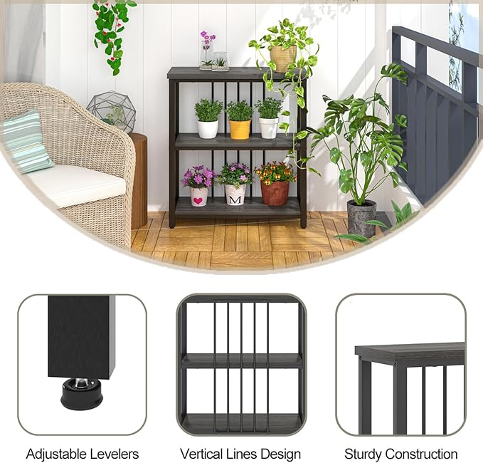 FOLUBAN 3 Tier Book Shelf, Modern Short Bookshelf for Small Space, Industrial Wood and Metal Bookcase for Bedroom, Living Room, Office (Dark Gray Oak) - LeafyLoom
