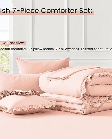 King Size Bed in a Bag 7 Pieces King Size Comforter Set, Ruffle Shabby Chic Bedding Comforter Set Pink Bed Set with Comforter, Pillowcases, Flat Sheet, Fitted Sheet and Pillow Shams - LeafyLoom