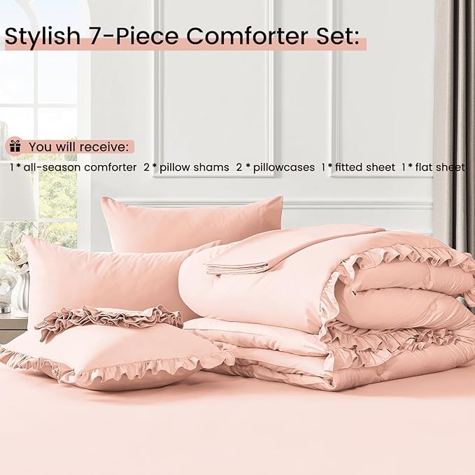 Full Bed in a Bag 7 Pieces Full Size Comforter Set, Ruffle Shabby Chic Bedding Comforter Set Pink Bed Set with Comforter, Pillowcases, Flat Sheet, Fitted Sheet and Pillow Shams - LeafyLoom