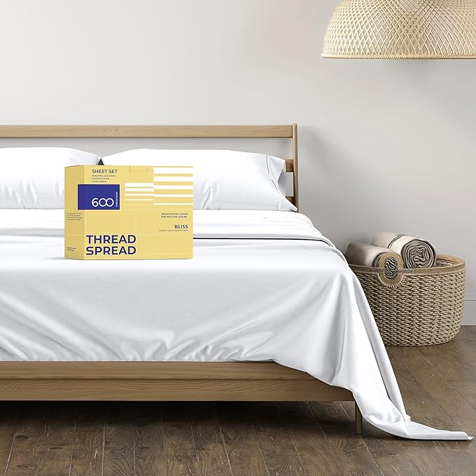 THREAD SPREAD 100% Egyptian Cotton Sheets Full Size - 600 Thread Count White Sheet, 4 PC 16" Deep Pocket Full Size Sheets Set, High Thread Count Soft Cooling Sateen Weave Hotel Luxury Sheets Set - LeafyLoom