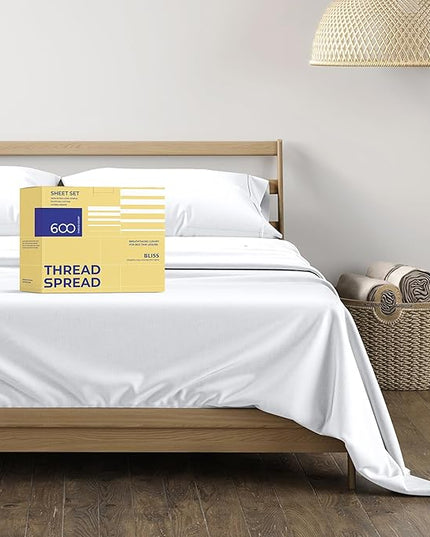 THREAD SPREAD Luxury Egyptian Cotton Sheets Twin XL Size - 600 Thread Count 3 PC White Twin XL Sheets Deep Pockets, Extra Soft, Cooling Extra Long Staple Sateen Weave College Dorm Bedding Twin XL - LeafyLoom