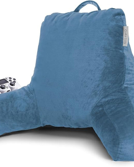 Clara Clark Reading Pillow, Standard Back Pillow for Sitting Up in Bed, Memory Foam Back Support Pillow, Reading Pillows for Sitting in Bed, Blue Heaven Sit Up Pillow for Bed, Arm Pillow with Pockets - LeafyLoom