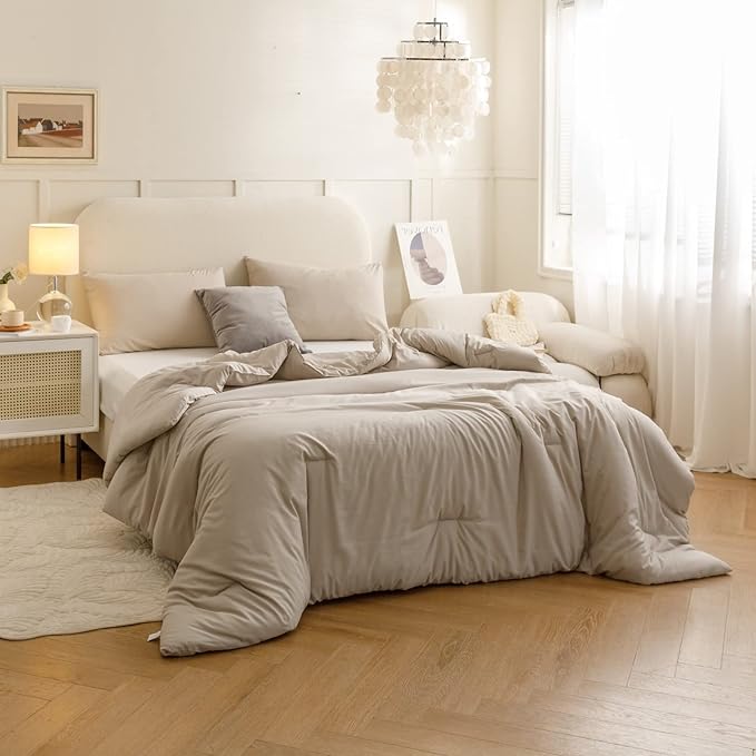 ROSGONIA King Size Comforter Set Oatmeal, 3pcs (1 Boho Comforter & 2 Pillowcases), All Season Bedding Soft Lightweight Bedspread Blanket Quilt - LeafyLoom