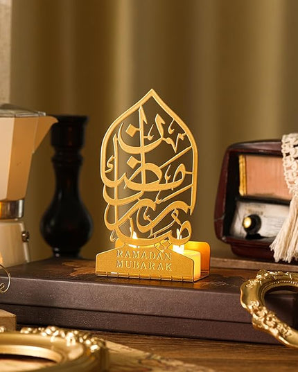 Eid Crafts Night Light 3D Metal Ramadan Eid Mubarak Ornaments Ramadan Decorations Ramadan Table Decor Ramadan Mubarak Light with 2 LED Candles for Home Eid Party Supplies (Vintage) - LeafyLoom