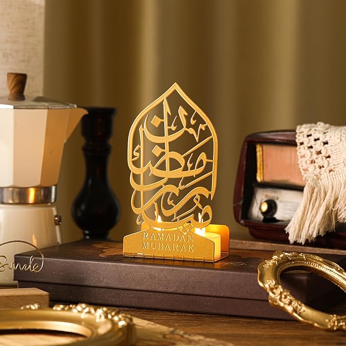 Eid Crafts Night Light 3D Metal Ramadan Eid Mubarak Ornaments Ramadan Decorations Ramadan Table Decor Ramadan Mubarak Light with 2 LED Candles for Home Eid Party Supplies (Vintage) - LeafyLoom