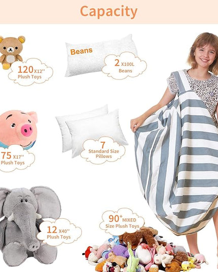 Aubliss Stuffed Animal Bean Bag Storage Chair, Beanbag Covers Only for Organizing Plush Toys, Turns into Bean Bag Seat for Kids When Filled, Large 38"-Canvas Stripes Grey/White - LeafyLoom