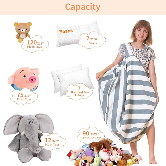 Aubliss Stuffed Animal Bean Bag Storage Chair, Beanbag Covers Only for Organizing Plush Toys, Turns into Bean Bag Seat for Kids When Filled, Large 38"-Canvas Stripes Grey/White - LeafyLoom