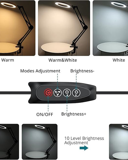 8X Lighted Magnifying Glass Lamp, Adjustable Magnifying Glass with Light Clamp Swivel Arm LED 3 Color Modes,10 Brightness Levels, Hands Free Magnifier for Hobby Close Work, Repair, Reading - LeafyLoom