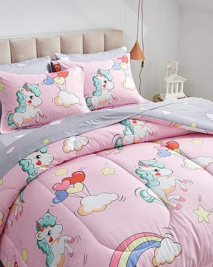 UOZZI BEDDING Kids Girls Bed in a Bag 6 Pieces Twin Size Unicorn Pink Colorful Comforter Set - (1 Soft Microfiber, Reversible Comforter, 2 Pillow Shams, 1 Flat Sheet, 1 Fitted Sheet, 1 Pillowcases) - LeafyLoom