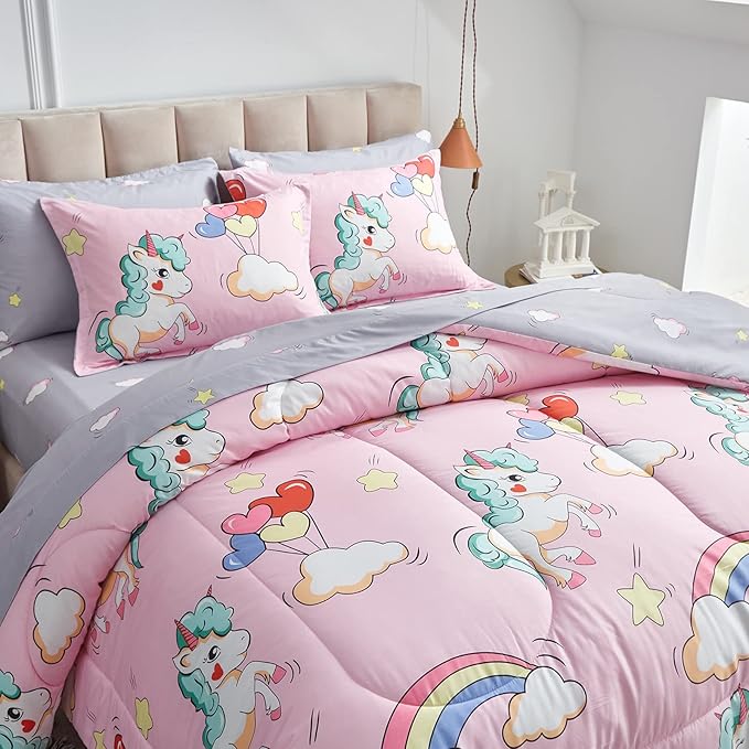 UOZZI BEDDING Kids Girls Bed in a Bag 6 Pieces Twin Size Unicorn Pink Colorful Comforter Set - (1 Soft Microfiber, Reversible Comforter, 2 Pillow Shams, 1 Flat Sheet, 1 Fitted Sheet, 1 Pillowcases) - LeafyLoom